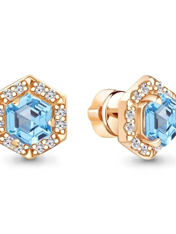 Stud earrings silver 925 gold plated, screw lock with topaz and cubic zirconia