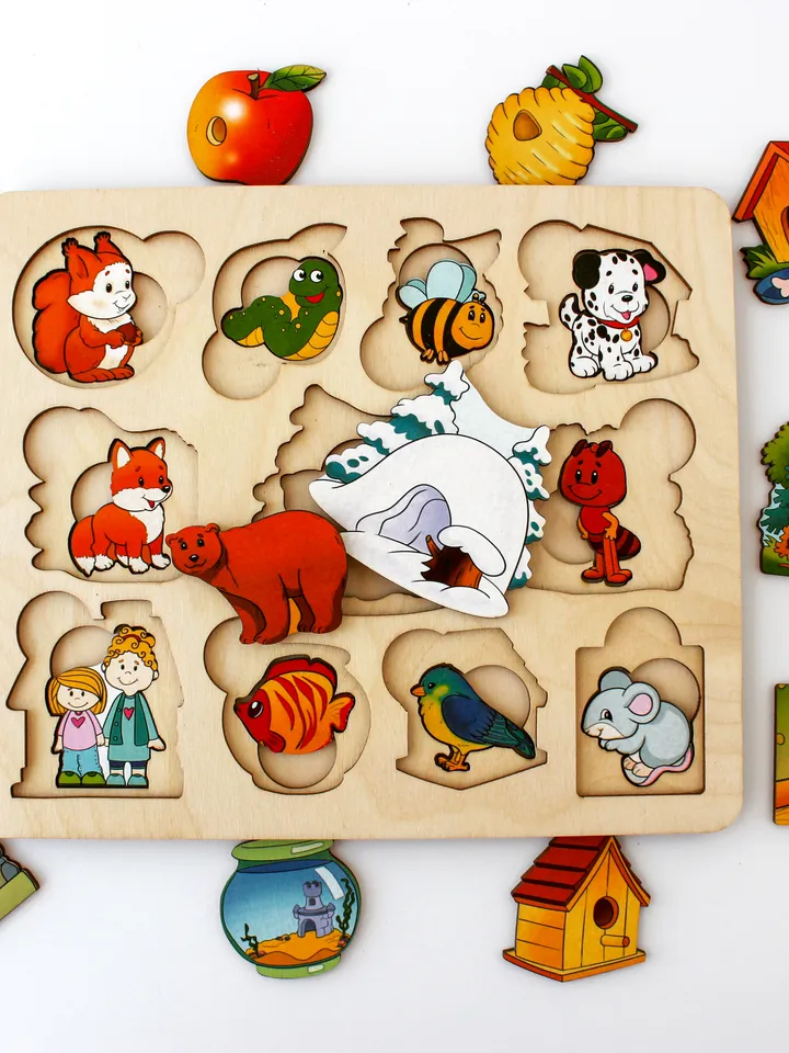 Wooden Puzzle - animals and houses, Montessori toddler toy, jigsaw board