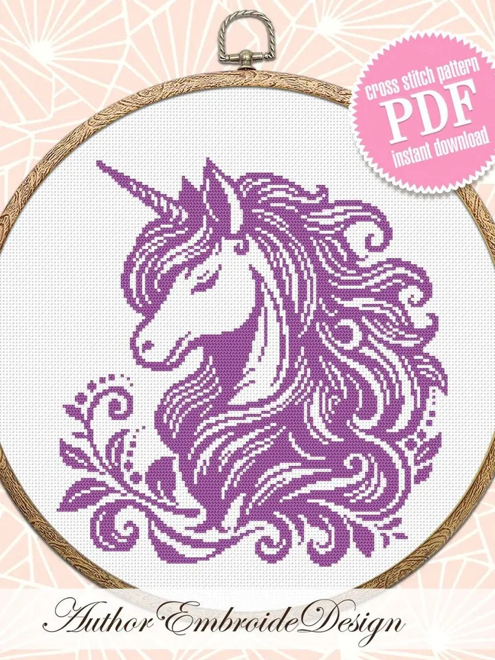 Unicorn cross stitch pattern PDF download Simple monochrome cross stitch chart, Cute unicorn pattern digital PDF, Beginner cross stitch #K49