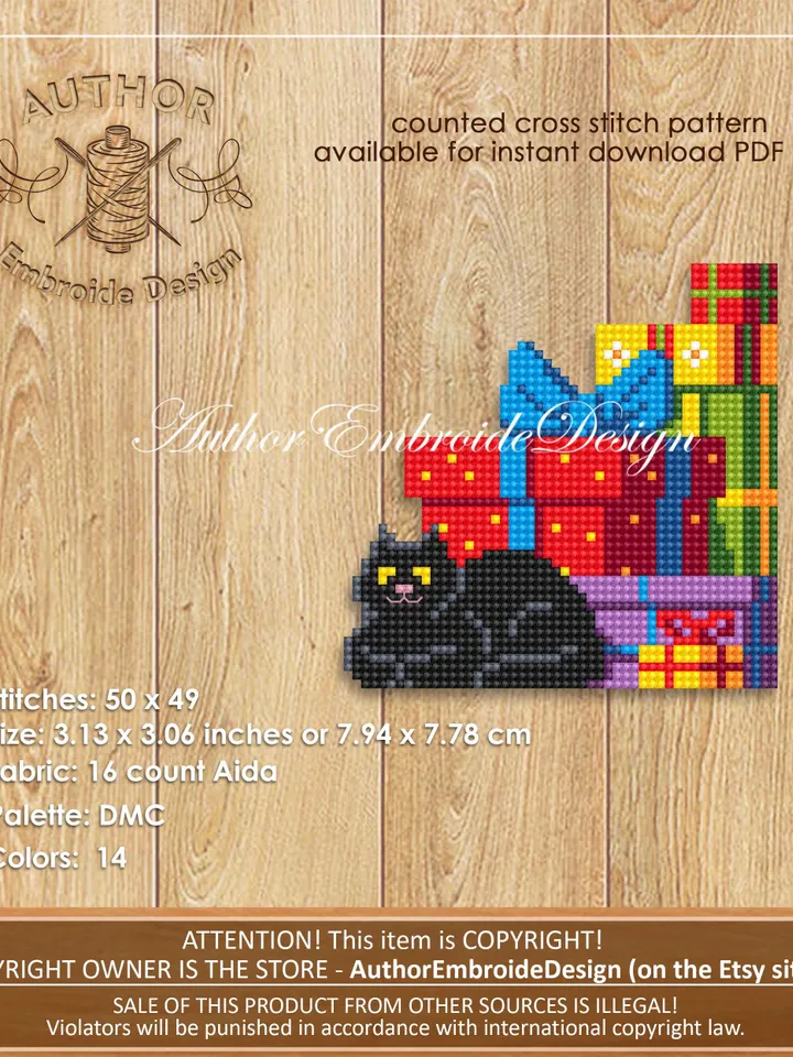 Christmas corner bookmark cross stitch pattern PDF download Christmas gift boxes and black cat cross stitch chart, Bookmark pattern #B389