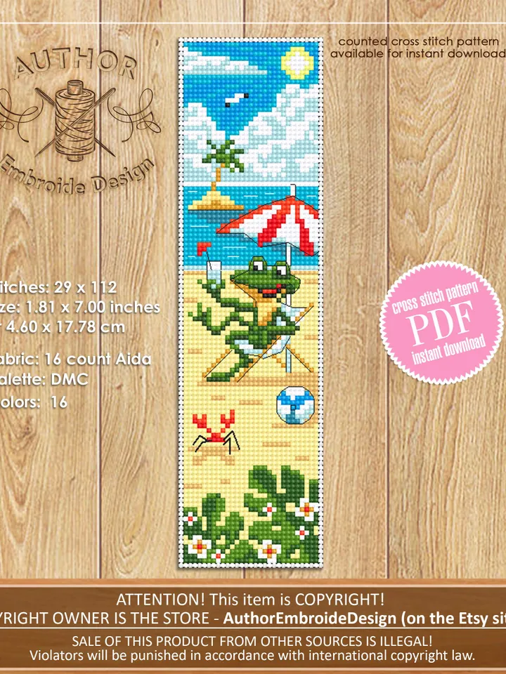 Summer bookmark cross stitch pattern PDF download Funny frog cross stitch chart, Beach bookmark pattern digital PDF, Beach vacation #B448
