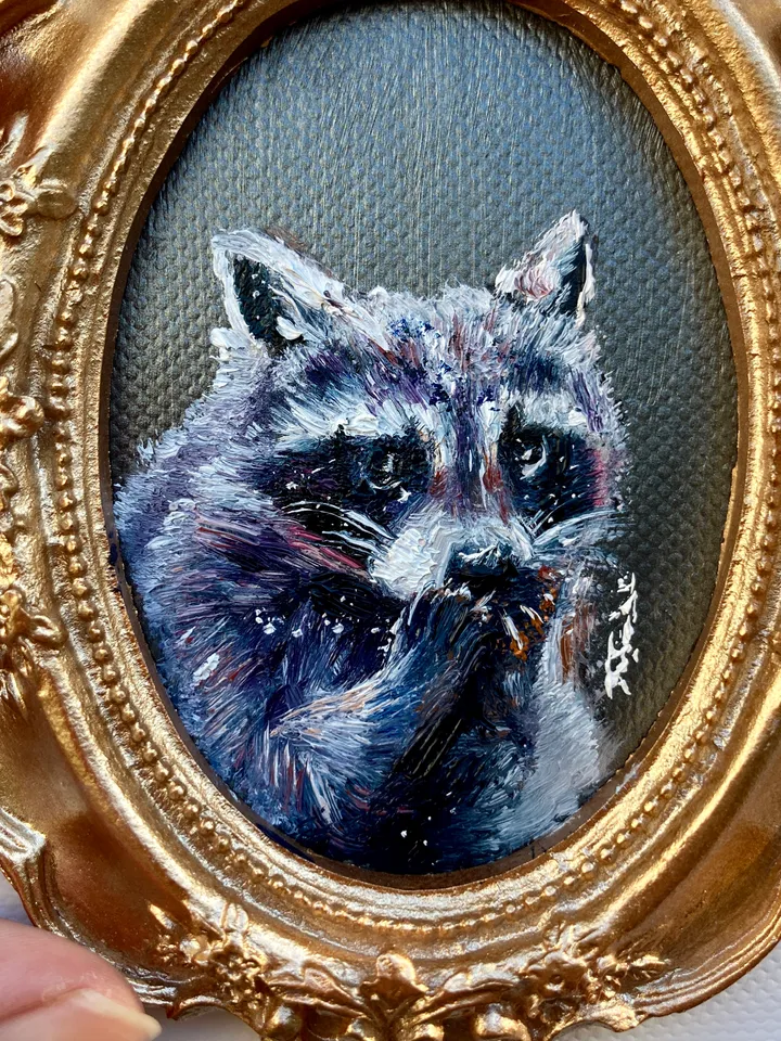 Raccoon Oil Painting Original In Vintage Style Frame Small Framed Animals Wildlife Art Oval Frame