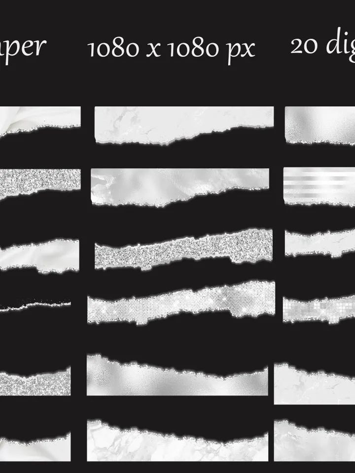 Glam Edges; Glam Digital Borders; Glitter Torn Paper; Glam Ripped Edged; Commercial Use; Glam Wavy Borders; Silver Torn paper clip art