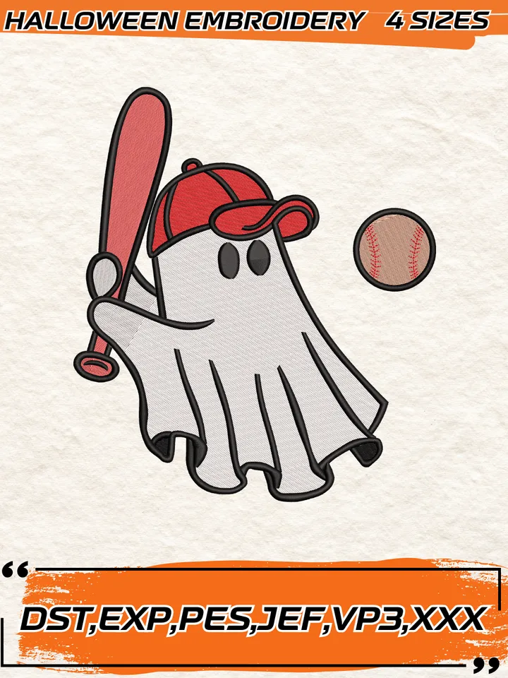 Ghost Boys Baseball Player Embroidery Design, Halloween Embroidery Design,4 Sizes, Digital Download
