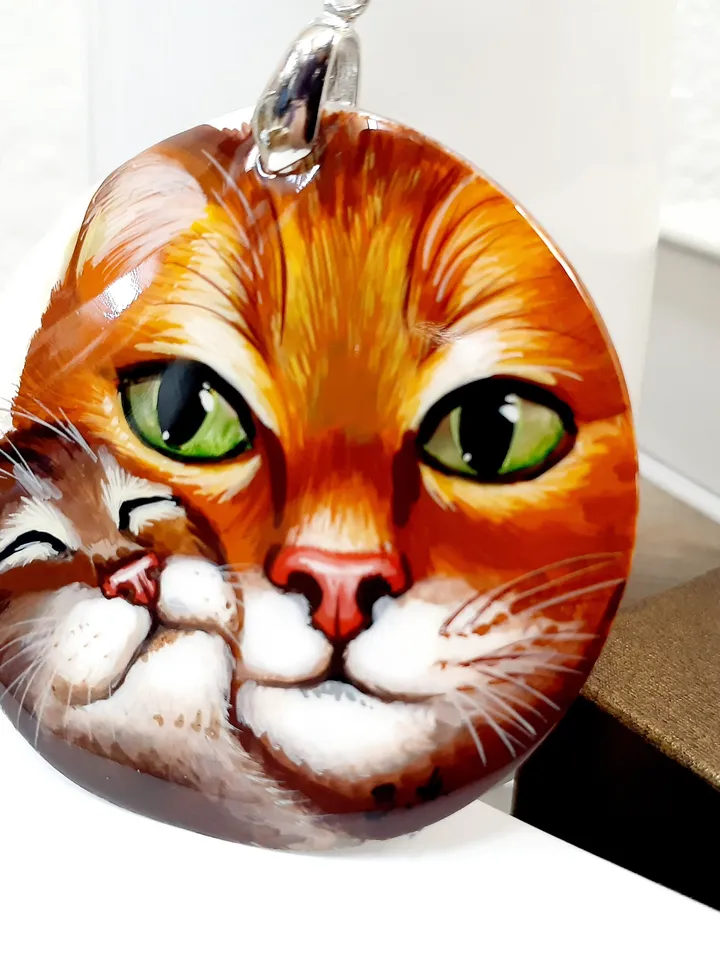 Beautiful Pendant"Cat and kitten" Hand-painted,Russian jewelry,Art gift,Mother-of-pearl hand-painted,Miniature painting, Art Gift