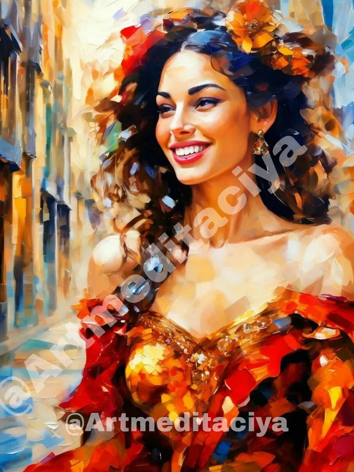 Digital abstract painting "Playful Carmen" in the style of oil painting with a palette knife on an abstract urban background of Barcelona. This is an image of a dynamic smiling Spanish brunette in a red neckline with a gold decoration with a red flower