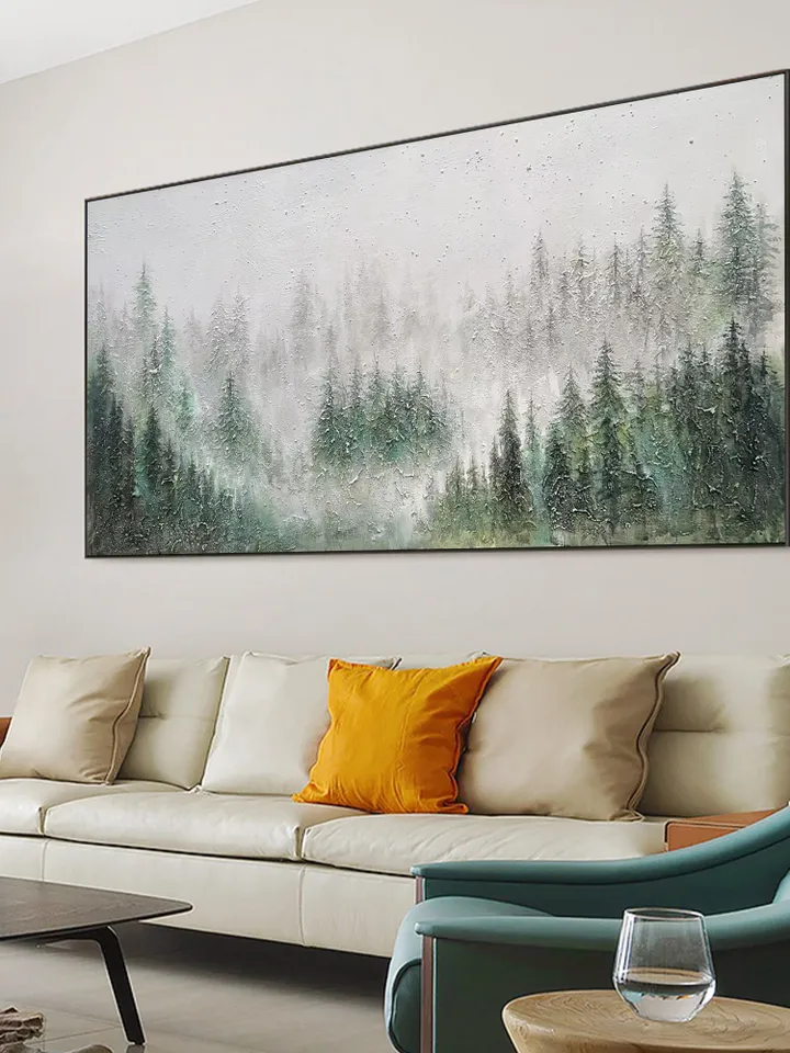 Misty Forest Painting, Textured Landscape Art, Green Forest Wall Art, 3D Canvas Art, Nature Wall Decor, Serene Forest Scene, Panoramic Art