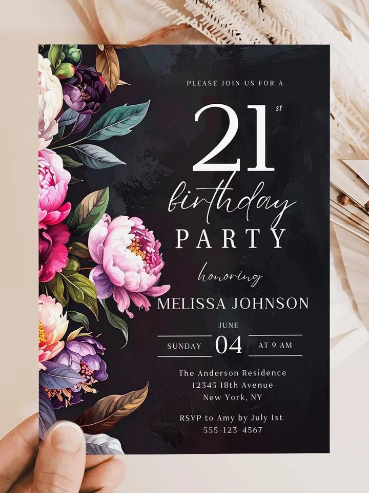 21st Birthday Invitation for women – Moody Burgundy & Blush Peony Floral Invitation, Elegant Dark Men Birthday Party Invite Canva Template