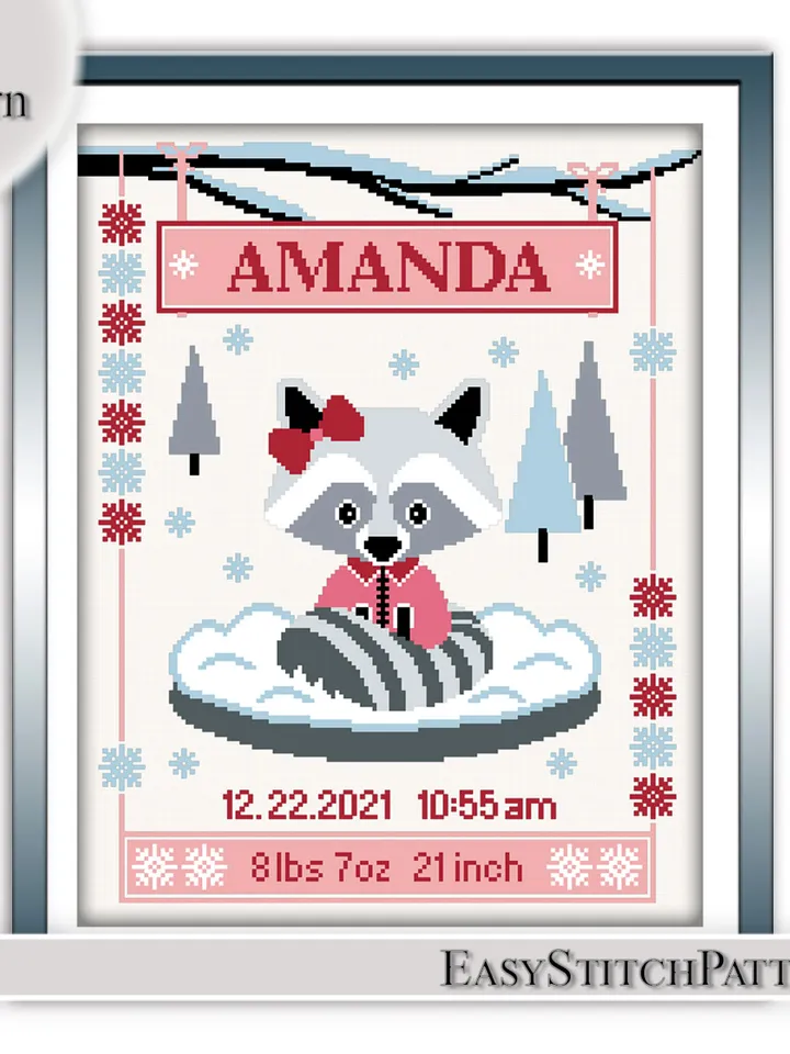 Baby Birth Announcement. Little Raccoon Cross Stitch Pattern. Animal Cross Stitch Chart. DIY. Customizable New Baby.