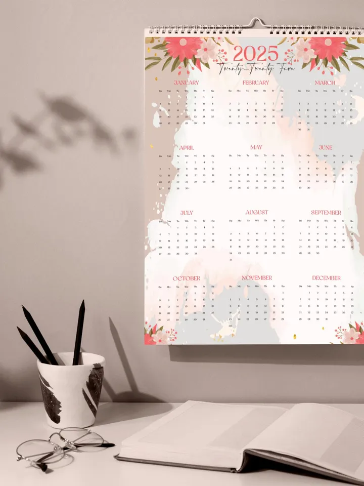 Printable 2025 Calendar, Monthly and Yearly Floral Calendar, A4 PDF & JPEG Files, Digital Wall Calendar, Modern Home Office Decor, New Year