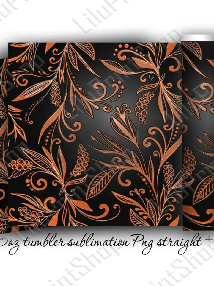 Tooled leather tumbler designs sublimation png Floral tumbler wrap PNG for 20oz skinny straight & tapered tumbler / Instant download