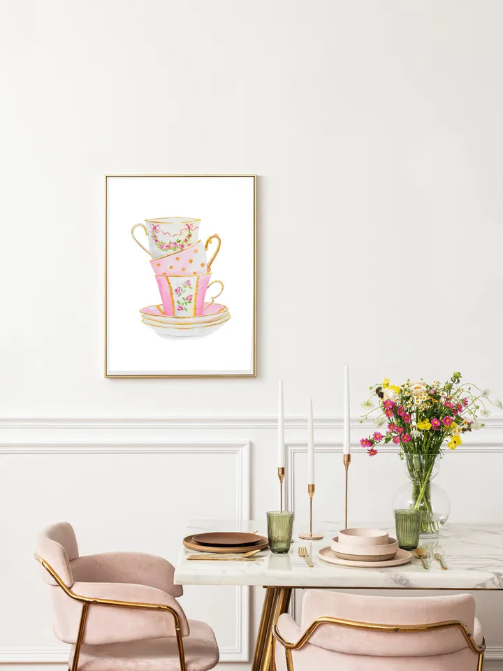 Tea cups, Kitchen Art, Wall Art, Kitchen Wall Decor, Vintage Tea Cup, Gift For Tea Lovers, Tea Party Decor ,Watercolor Art Print Tea Poster