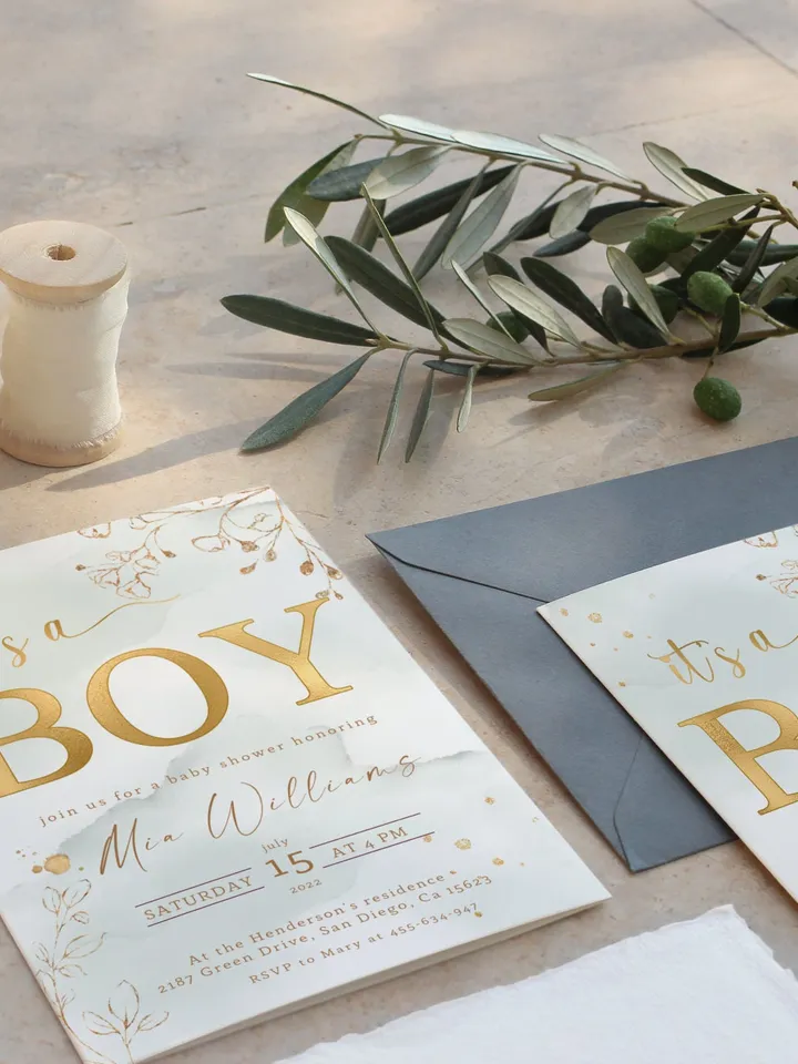 It's a boy; Gold Foil Baby Shower Invitation; Autumn Baby Shower Invitation; new 2022 baby shower invite; editable boy baby shower canva