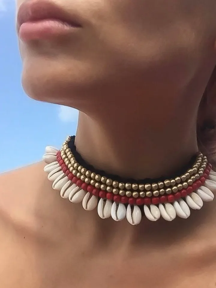 Shell Choker Cowrie Adjustable Tie Hippie Boho Coachella | Summer Shell Makrame Choker | Bohemian Shell Choker Red Gem Black | Handmade