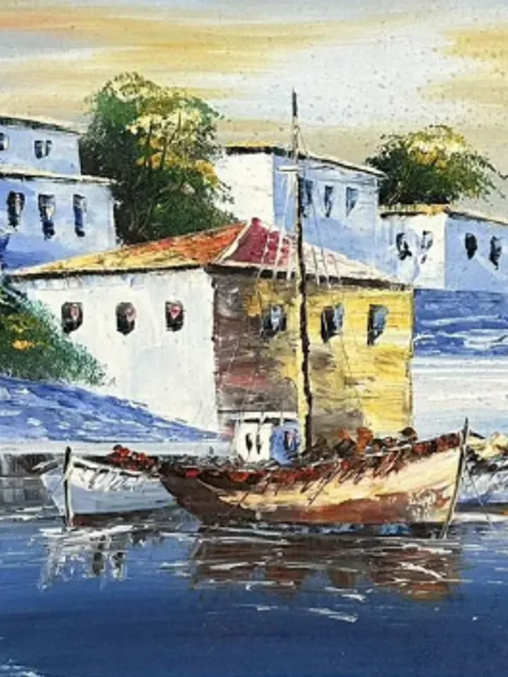 Painting on canvas “At the pier”, oil, size 51x40cm, framed