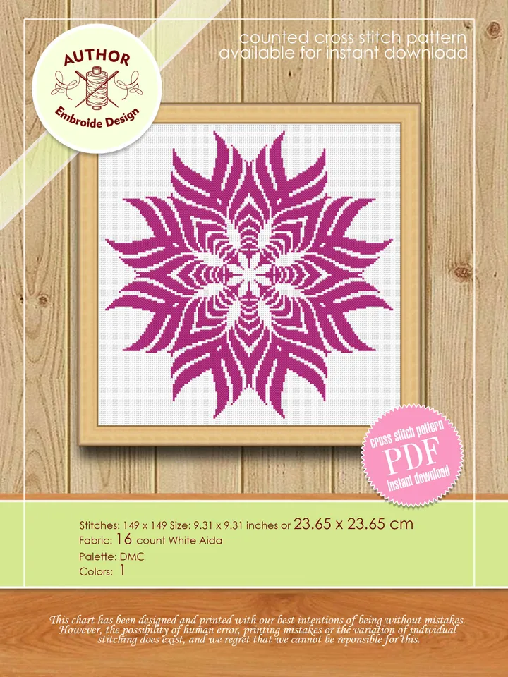 Mandala cross stitch pattern download PDF Simple mandala digital PDF Monochrome cross stitch chart Geometric ornament cross stitch #M123