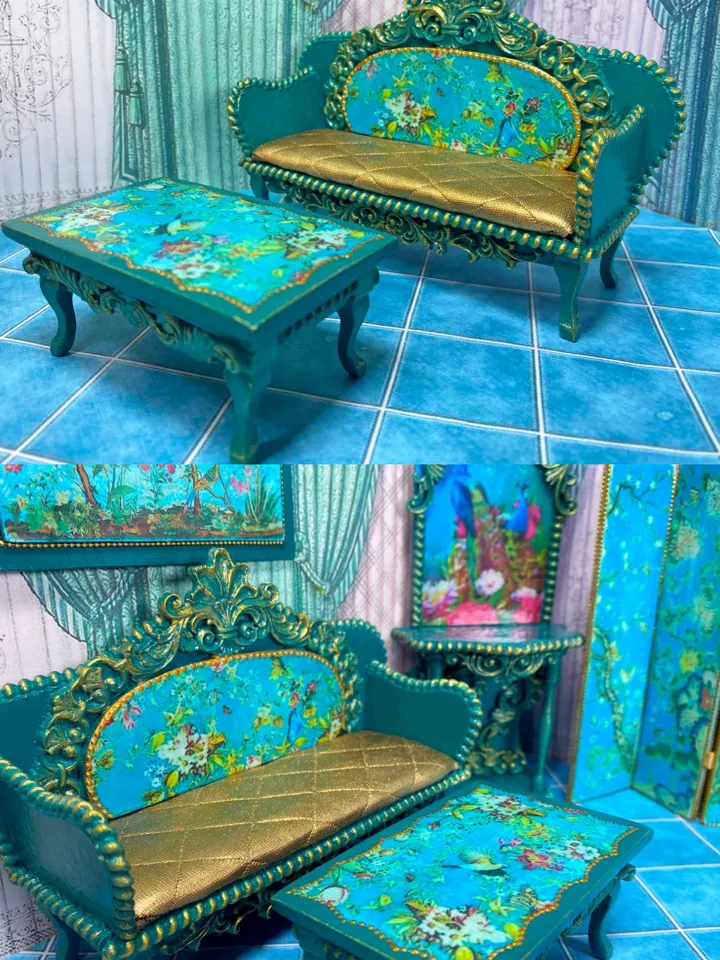 Furniture for dolls. Furniture for a dollhouse. 1:12. Handmade. Dollhouse miniature. Furniture set for dolls. Sofa for dolls. Table for dolls.