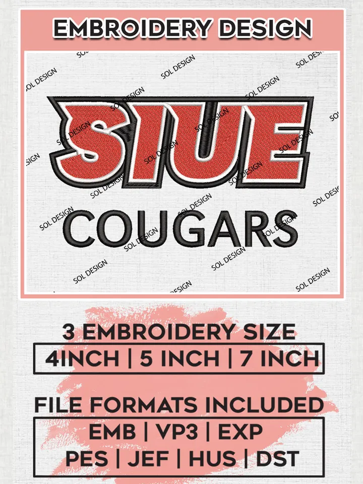 NCAA SIUE Cougars Team Word Logo Embroidery Design Files, NCAA SIU Edwardsville Cougars Machine Embroidery, NCAA Teams, 3 sizes, NCAA Machine embroidery designs, Digital Download