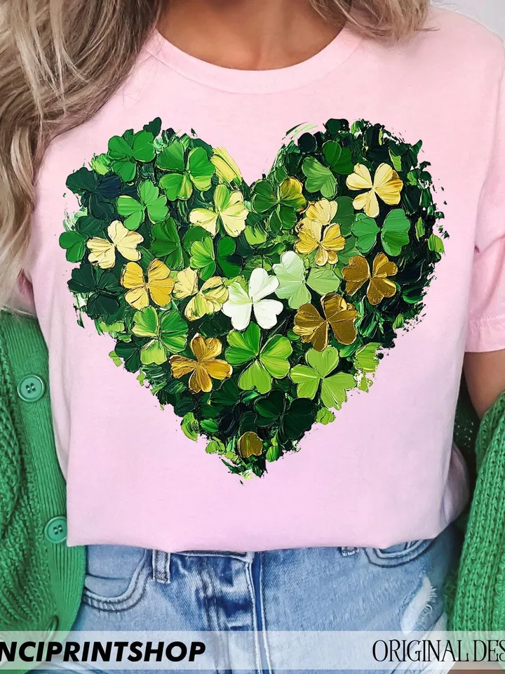 St. Patrick's Day Brushstroke Shamrock Heart PNG, Green and Gold Clover, Lucky Shamrock Design, St.Patrick's Day png, Clover png, Lucky png