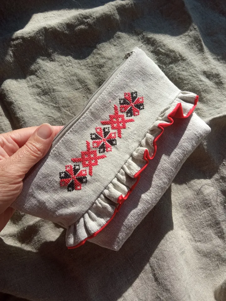 Cosmetic bag or pencil case made of linen with hand embroidery of a traditional Belarusian ornament