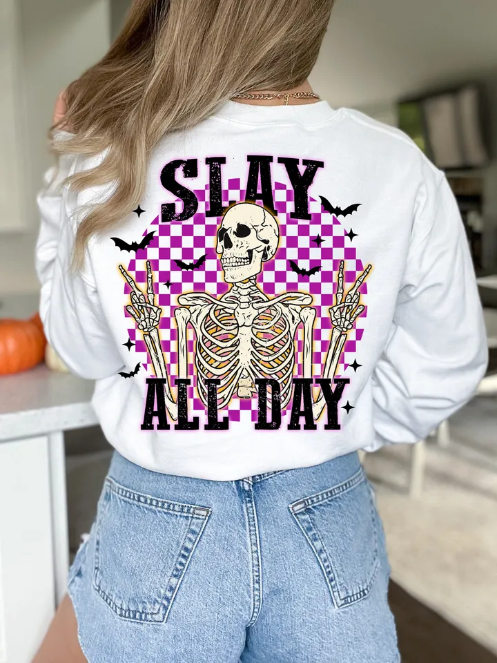 Horror Halloween png, retro Halloween sublimation design, slay all day horror png, trendy Halloween graphic for shirts, scary movie png