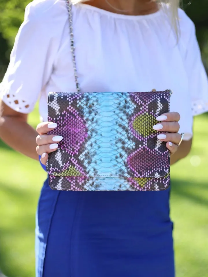 Genuine Python Skin Multicolor Flat Crossbody Bag | Exotic Leather Bags | Summer Bags | Classy Leather Women Handmade Bags | Leather Purse