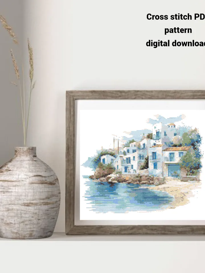 Greece Seaside cross stitch PDF pattern, Watercolor Landscape embroidery design, Instant download