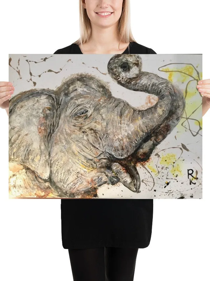 White Elephant Poster made with my original watercolour mix media painting on yupo paper,unique handmade artwork,home decoration.