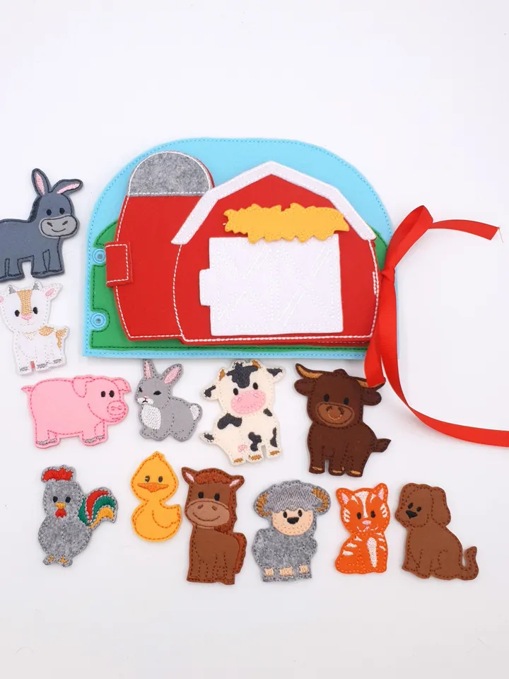 Farm Quiet Book ITH Embroidery Design Set, Felt Activity Book Pattern with Finger Puppets, Educational Farm Toy 5x7 Hoop