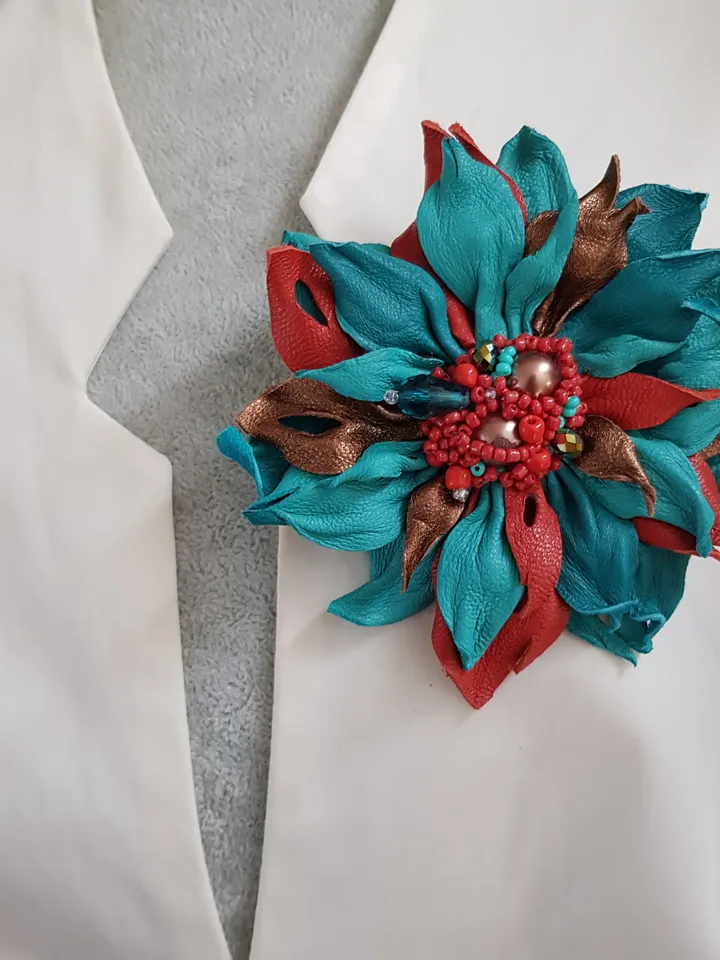 Turquoise leather brooch for her , 3rd anniversary gift for wife, Leather women's jewelry