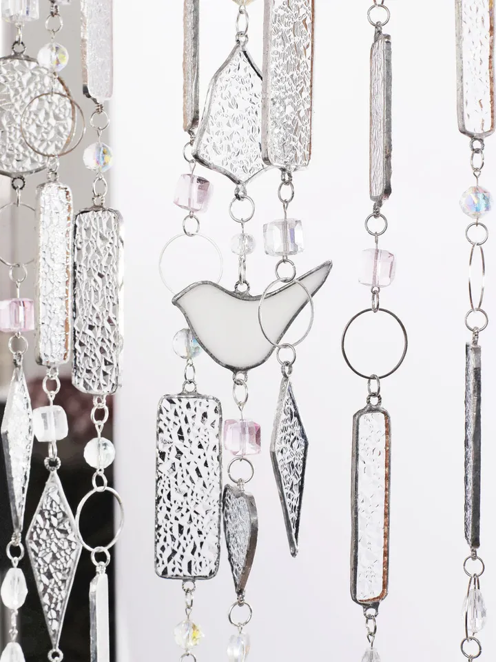Garlands. Birds. Snow-white, Snow-white Bird Garland, White Bird Stained Glass Garland, Elegant White Bird Garland, Handmade Stained Glass Birds on Garland, Whimsical White Birds Garland