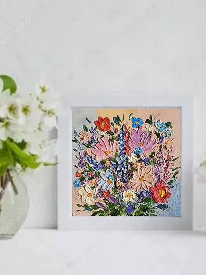 Oil Painting Bright Flowers Chamomile Poppies Impasto Art Miniature 6 x 6 inches