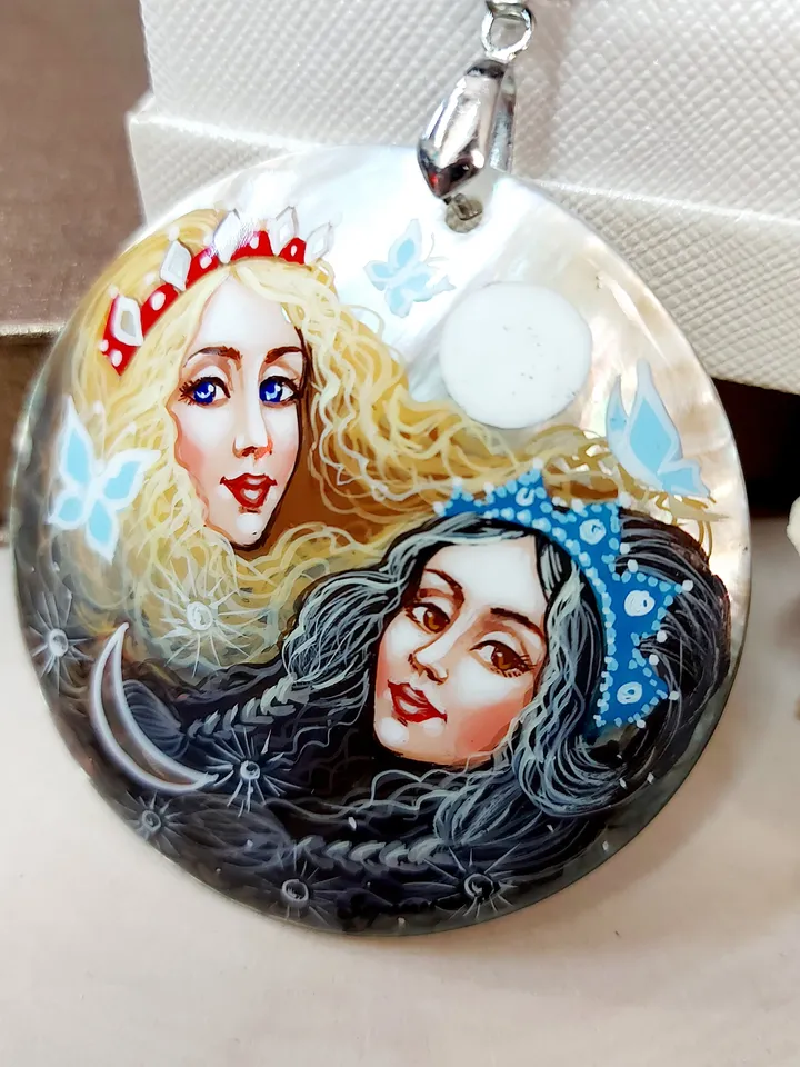 Pearl pendant necklace: Cute girls as images of Day & Night on elegant pendant. Handmade painting on lacquer shell. Dainty gift for sister