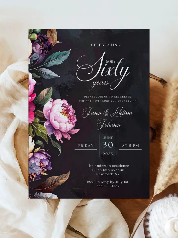 60th Anniversary Party Invitation, 50th, 40th, 30th, 20th, Moody Burgundy & Blush Peony Floral Canva Template 5x7 birthday evite