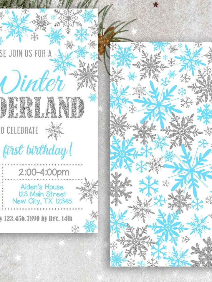 Winter Onederland Invitation Boy 1st Birthday Invitation, Winter Wonderland Birthday Invitation, Blue Silver Snowflake Editable Template