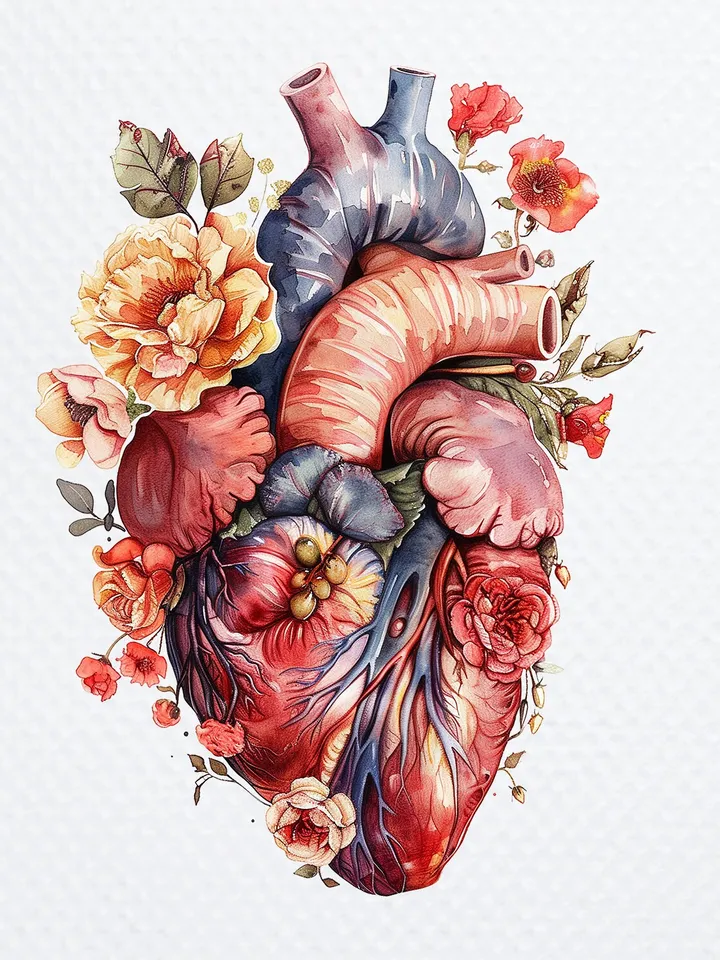 10 Floral Human Heart PNG Clipart, Printable Watercolor Anatomical Heart clipart for sublimation, Digital download, Paper craft, journals