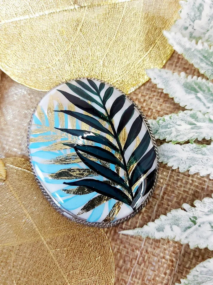 Brooches for women: Green leaves on pearl brooch for girl summer dress • trendy handmade jewelry • dainty painted pin with botanical design