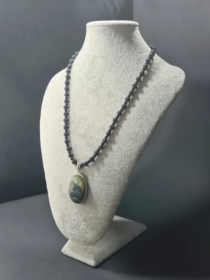Raven necklace with toadstools Crow Viking Labradorite Shungite Lavastone