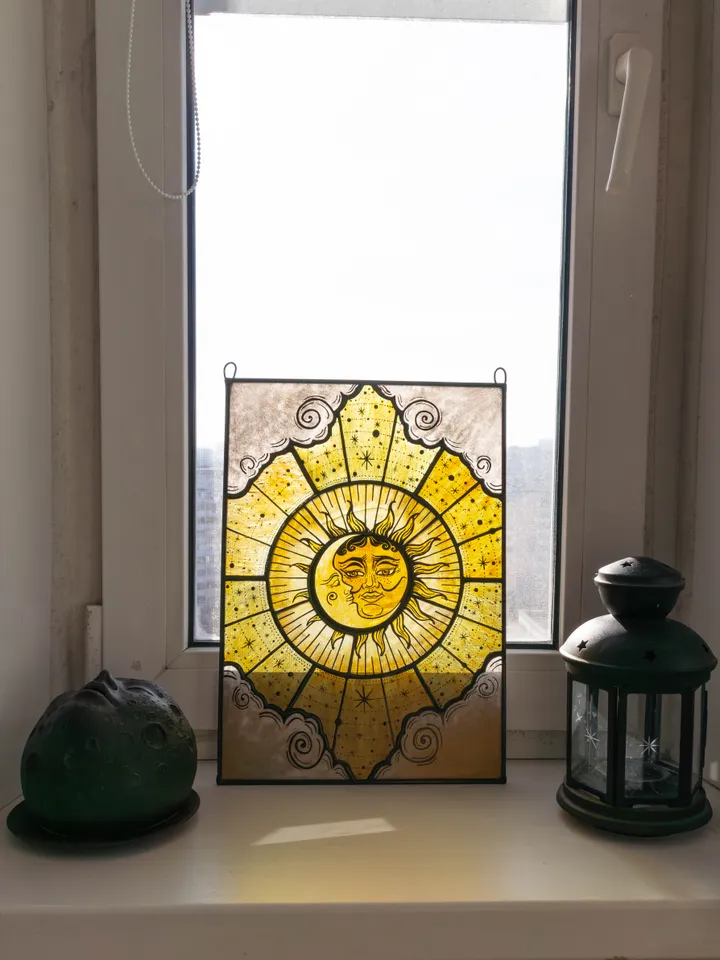 Stained glass panel, Celestial home decor, Star Art, Moon Tarot Art