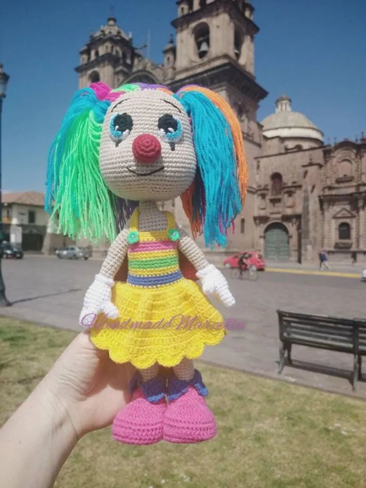 Multicolored Clown Crochet Doll โ 38 cm Handmade Amigurumi โ Neon Hair & Pigtails โ Colorful Gift โ Fun Collectible โ Soft Toy