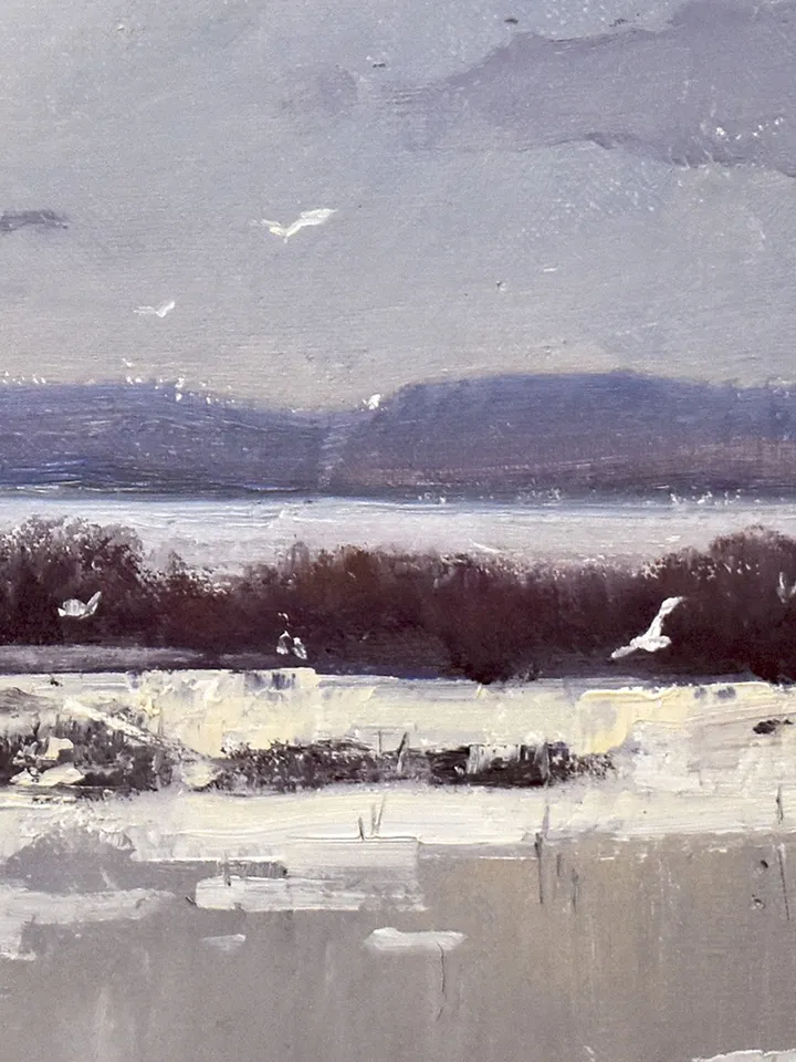 Winter landscape oil painting original. Lake paintings