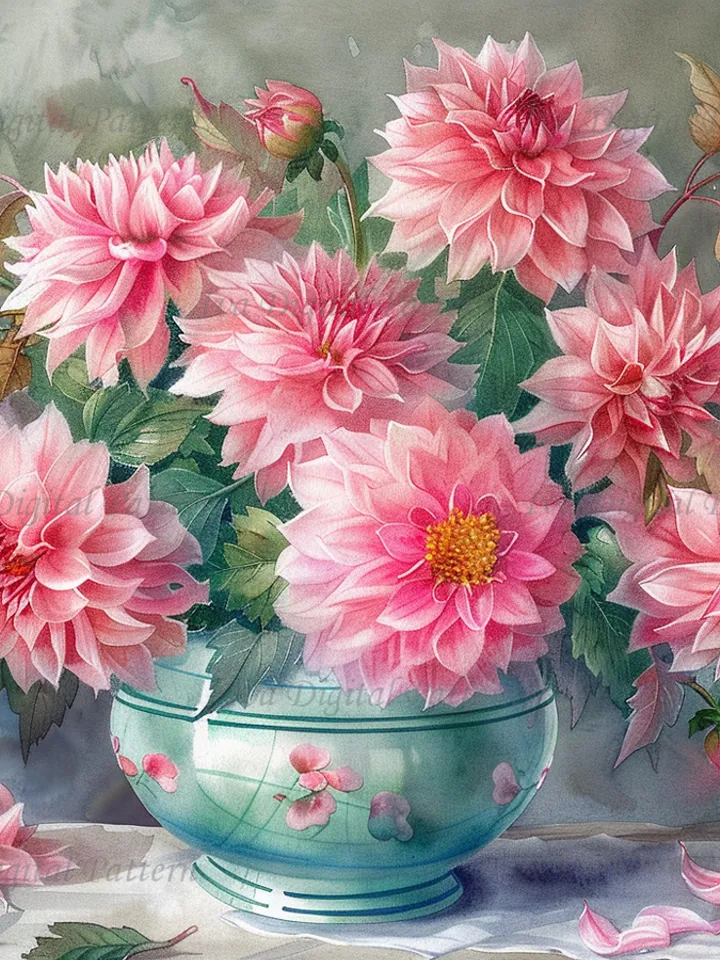 Bouquet of pink dahlias in a vase watercolor drawing, digital illustration, digital painting , wall art decoration. AI