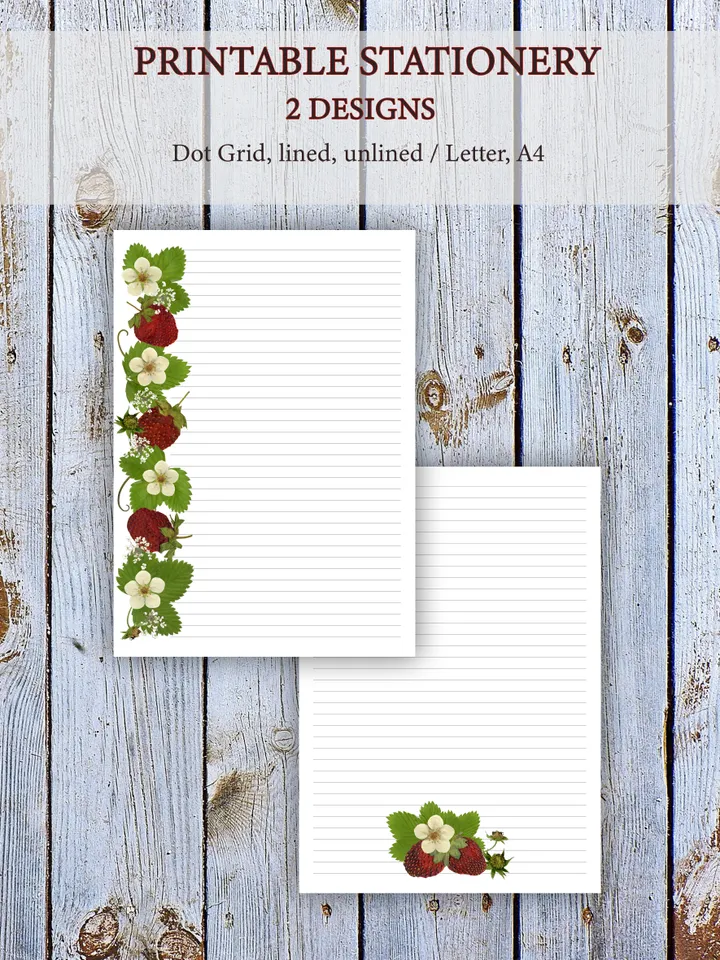 Pressed Strawberry Printable Letter Writing Paper From Real Dried Plants, Cute Stationery Set, Digital Letter Writing Set