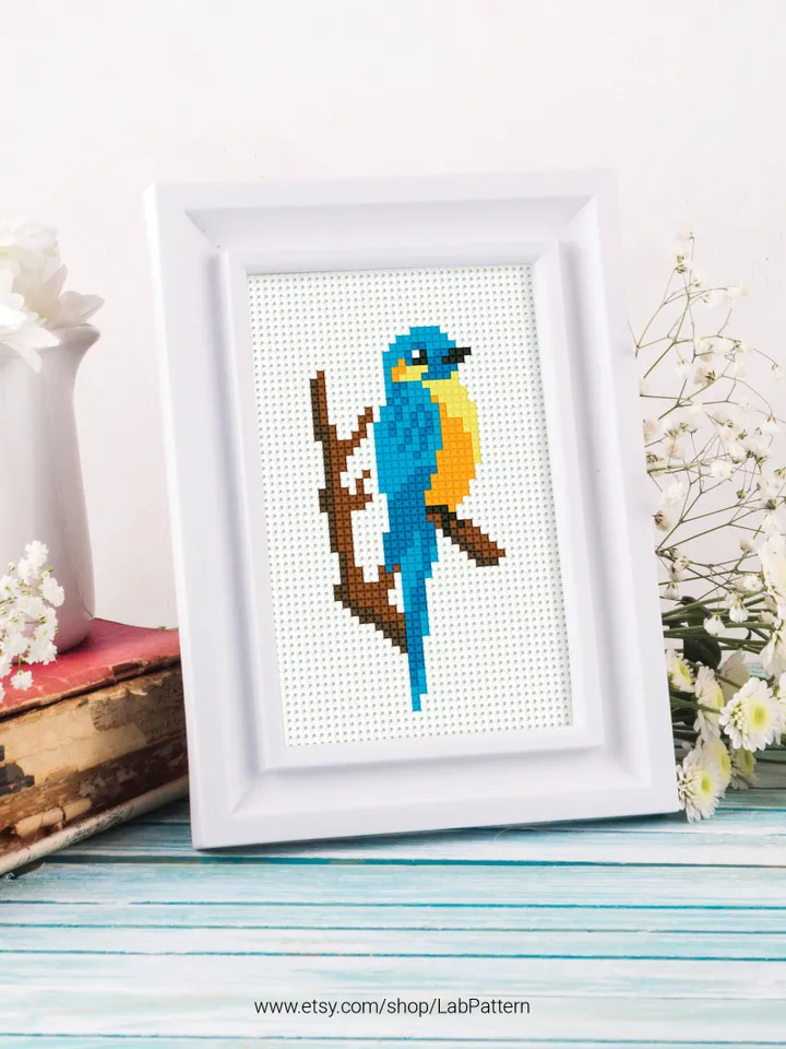 Mini cute blue bird Cross stitch patterns, contemporary bird, animals, beginner counted, modern chart, gift DIY, embroidery, instant PDF
