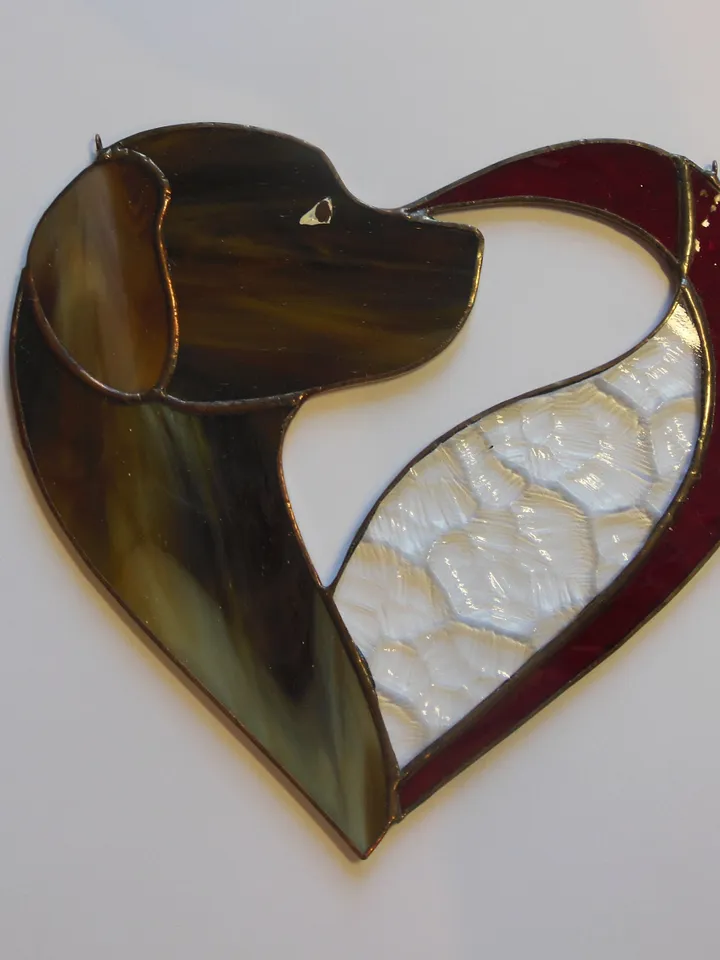 Dog Dark Brown Chocolate in Heart . Art stained glass window hanging Suncatcher . Gift for animal lover , pet loss memorial