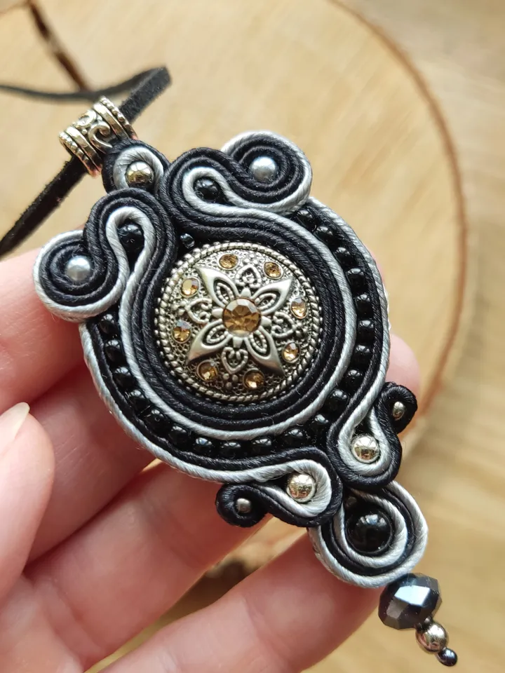 Black boho necklace, Soutache pendant, Embroidered necklace, Ethnic necklace, Mandala