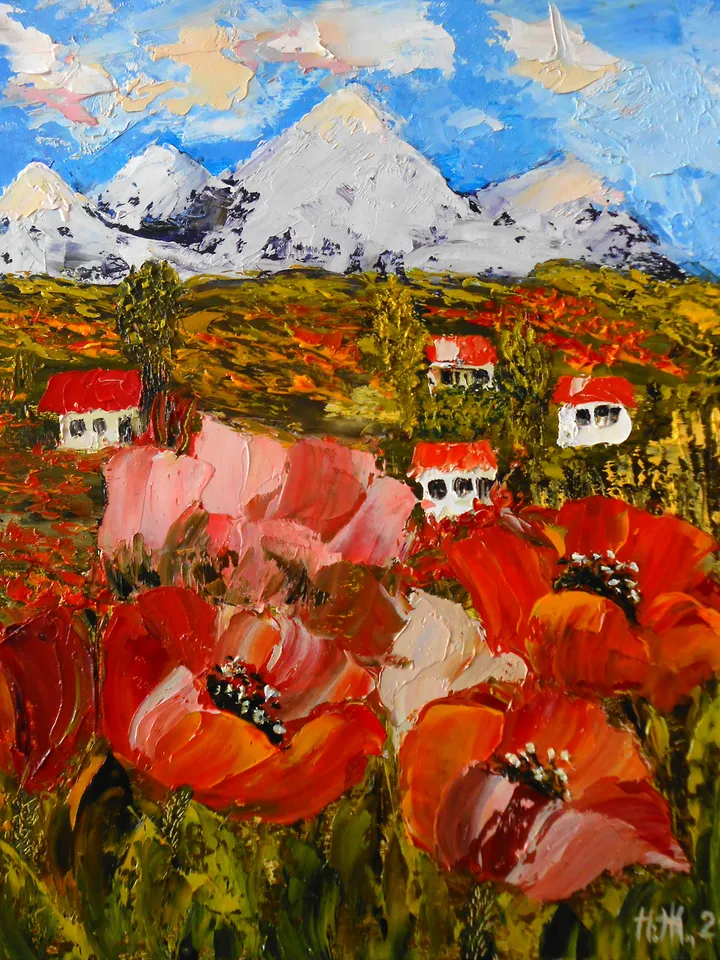 Poppies oil painting landscape | Landscape painting with houses