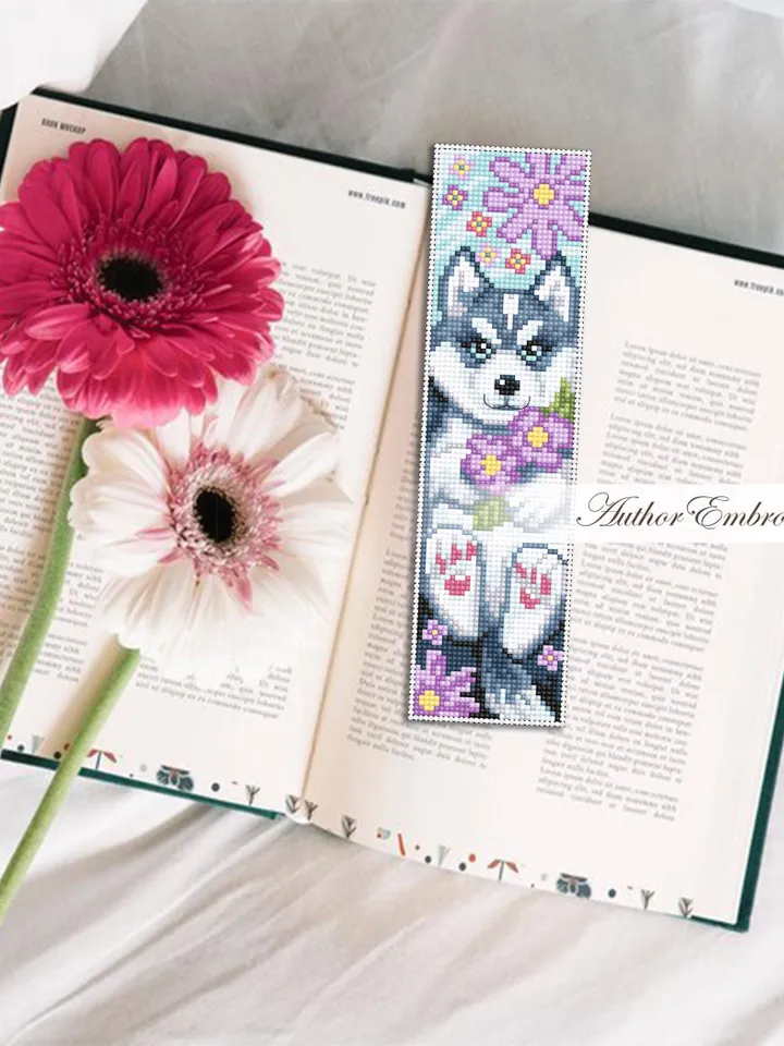 Dog bookmark cross stitch pattern PDF download Husky dog cross stitch chart, Pet bookmark pattern digital PDF, Dog lover bookmark #B466
