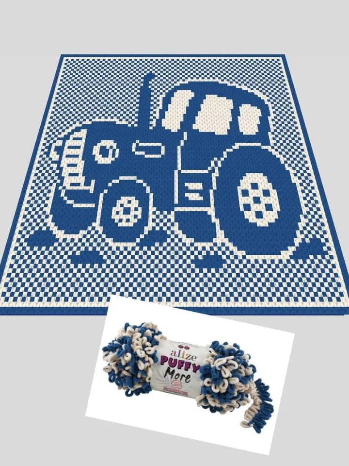 Loop yarn Finger knitted Tractor blanket pattern