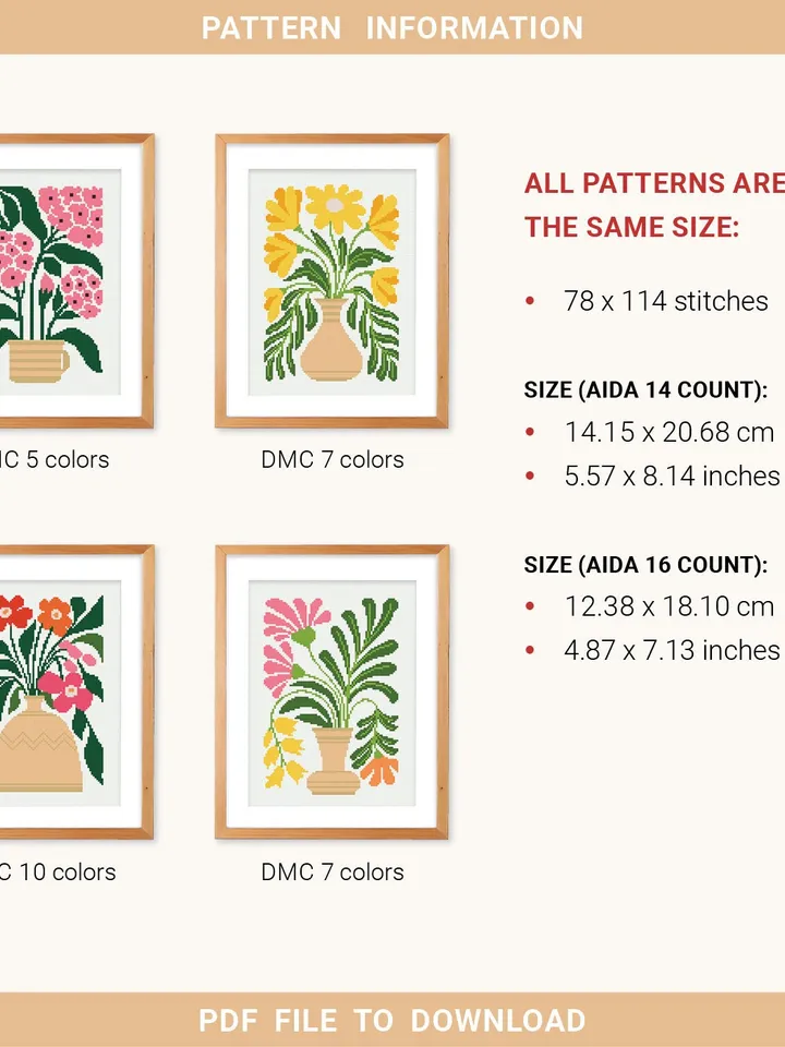 Bundle of 4 mini contemporary Flowers in pots Cross stitch patterns Abstract floral Plant beginner counted modern DIY embroidery instant PDF